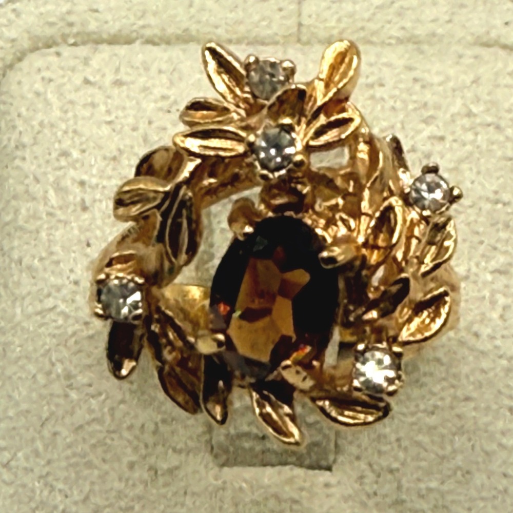Vintage Gold Electroplated Smoky Topaz Glass Floral Ring Size 6 18K GHE
